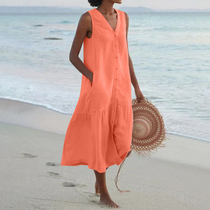 Summer casual women's V-neck button front midi dress. Relaxed fit, tiered design, ideal for vacation.