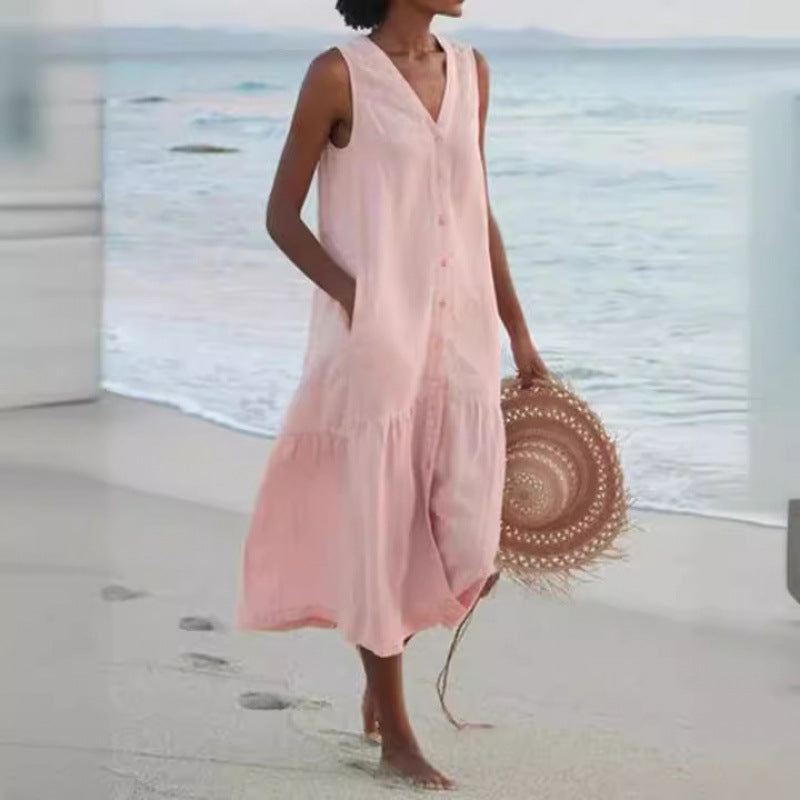 Stylish women's sleeveless V-neck button front tiered midi dress, a breezy summer essential.