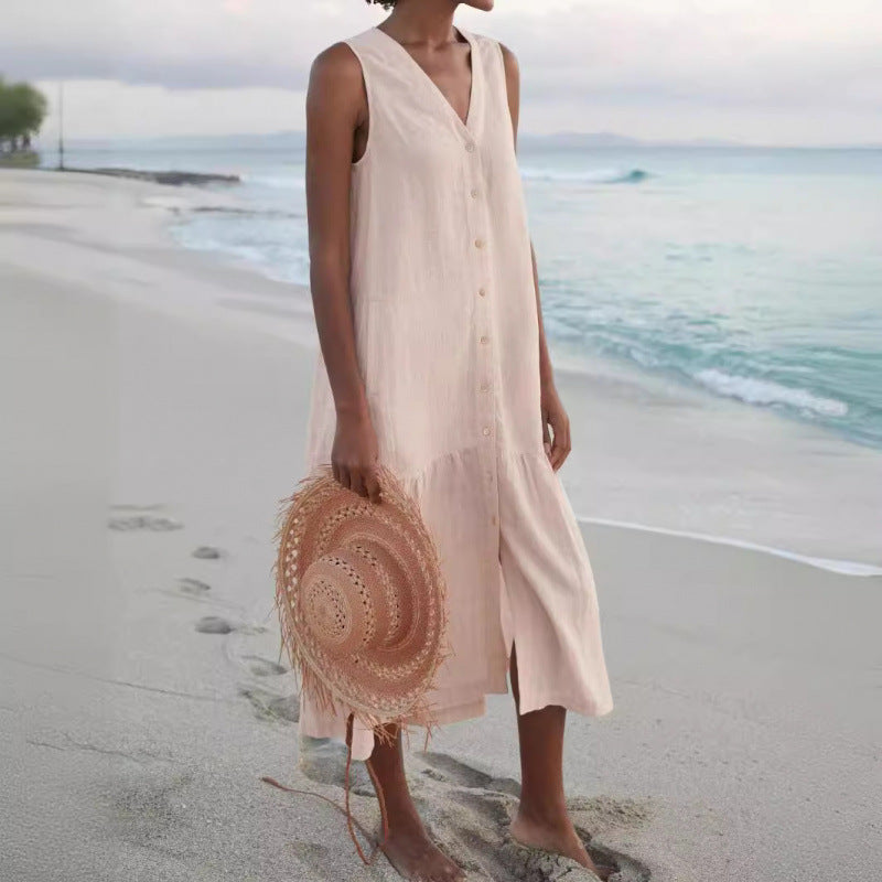 Vacation-ready women's V-neck button front tiered midi dress with pockets, casual summer style.