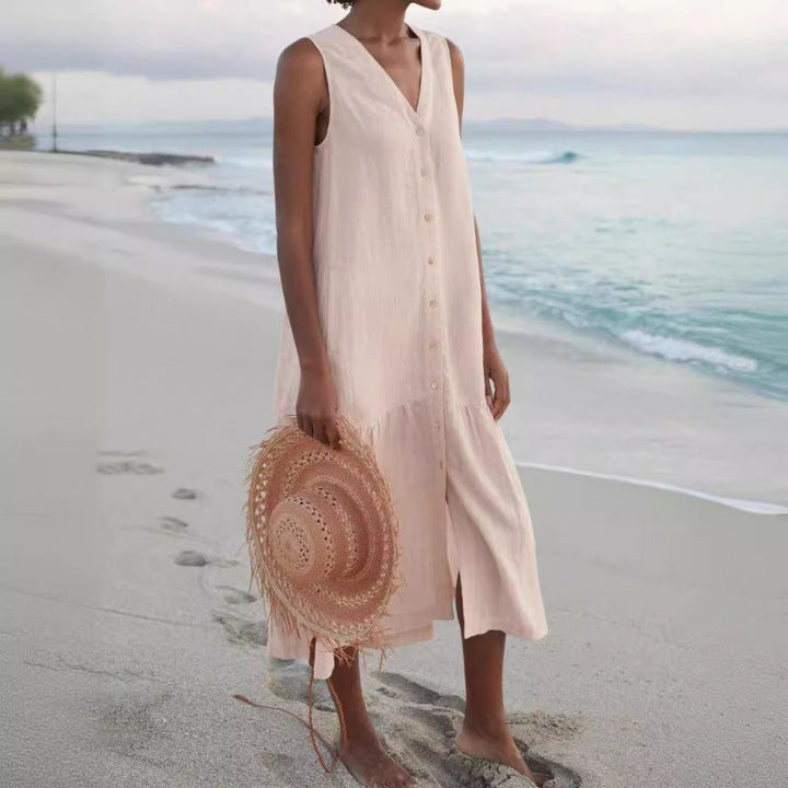 Vacation-ready women's V-neck button front tiered midi dress with pockets, casual summer style.