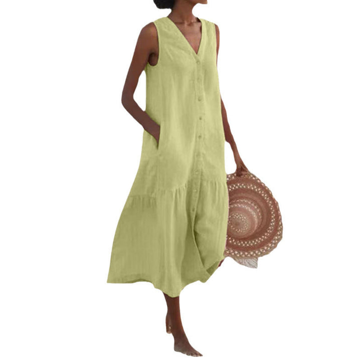 Women's summer V-neck button front tiered midi dress. Sleeveless, breezy, great for day outings.