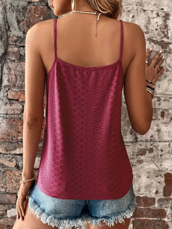 Chic women's V-neck cami top with feminine lace details. Great for a comfortable summer casual look.