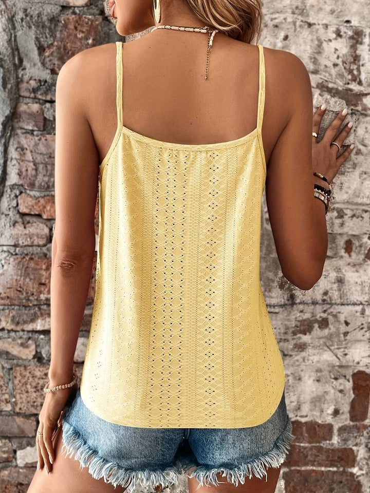 Casual women's tank top with V-neck and beautiful lace trim. Effortless style for warm weather.