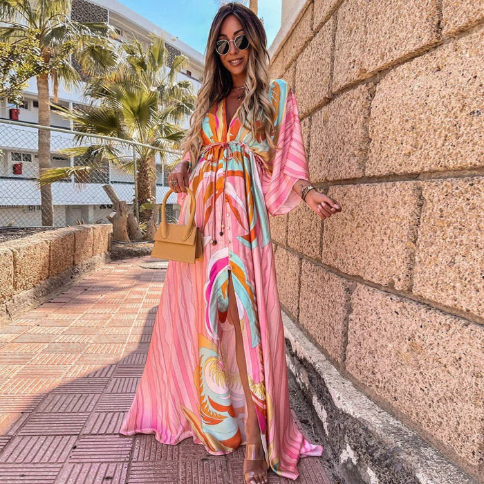 Women's V-neck kimono maxi dress with high slit, perfect for elegant evening wear.