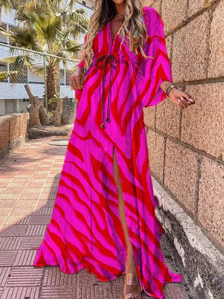 Elegant long V-neck maxi dress for women, with comfortable kimono sleeves and a fashionable high slit.