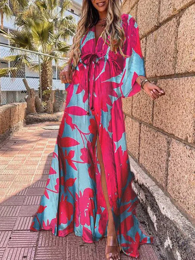 Chic women's V-neck maxi dress, boasting flowy kimono sleeves and a sophisticated high side slit.