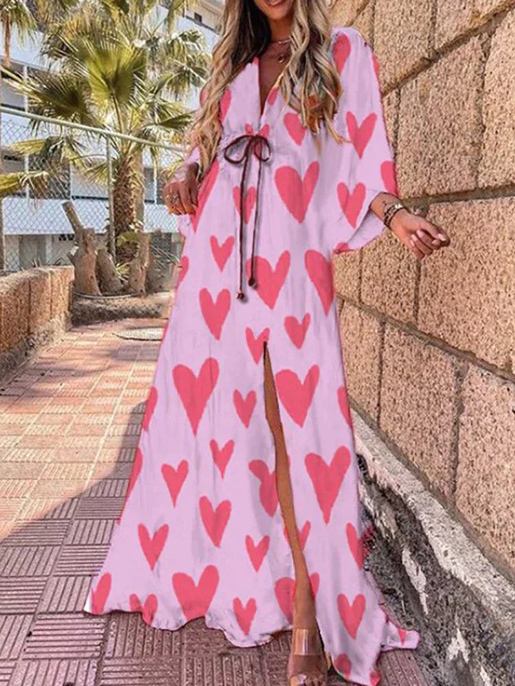 Versatile women's V-neck kimono maxi dress, ideal for beach, evening, or casual summer occasions.
