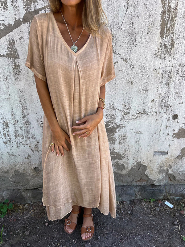 Women's V-neck kimono midi dress, flowy tiered design, short sleeves, perfect for casual summer style.