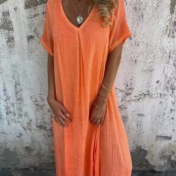 Effortless women's V-neck kimono midi dress, casual short sleeve design for summer, beach & relaxed elegance.