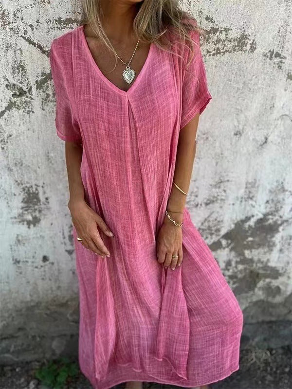 Stylish women's V-neck kimono midi dress, short sleeve, flowy tiered silhouette for a relaxed summer look.