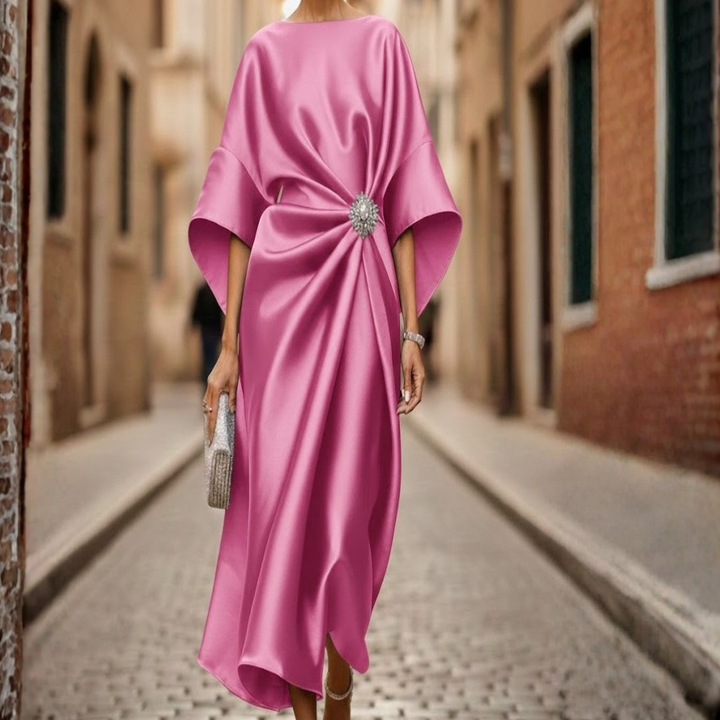 Stylish women's V-neck midi dress featuring elbow sleeves, a flattering flared skirt, and hidden side pockets.