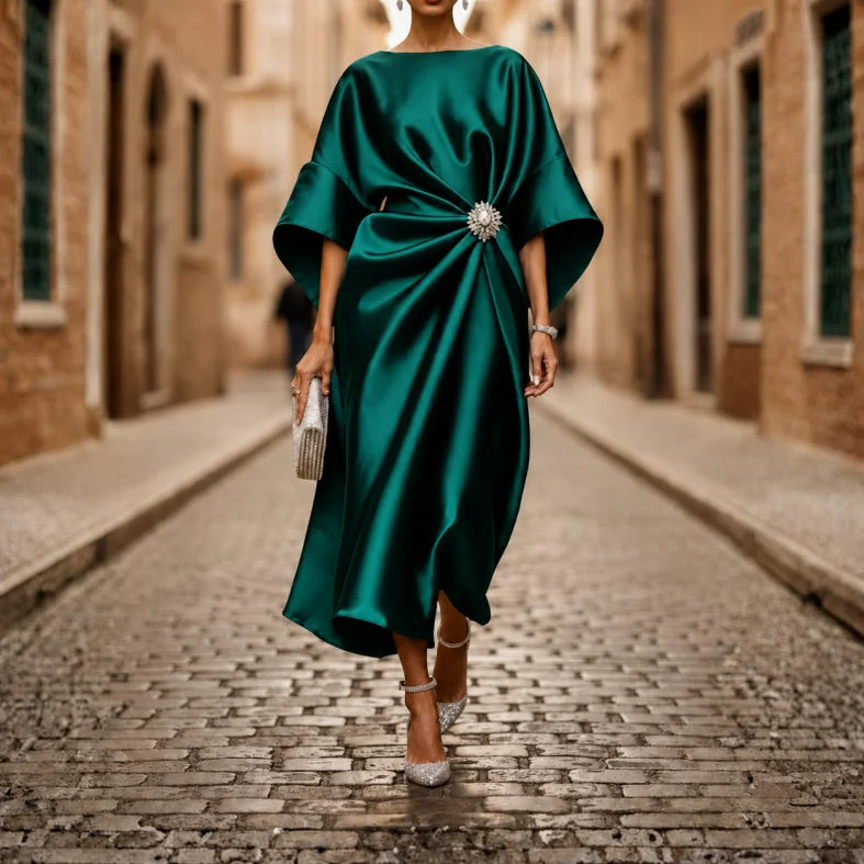 Versatile women's V-neck midi dress; elegant for occasions, casual for everyday, with a beautiful flared skirt.