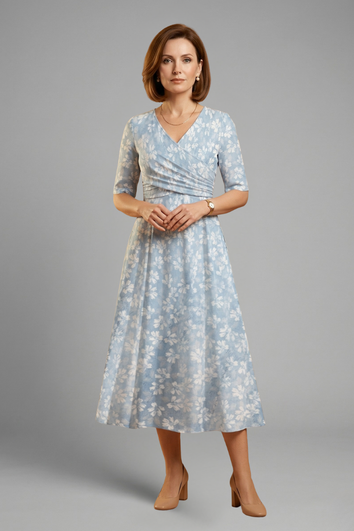 Versatile blue V-neck midi dress for women, featuring short sleeves, pockets & a relaxed fit. Perfect for summer.
