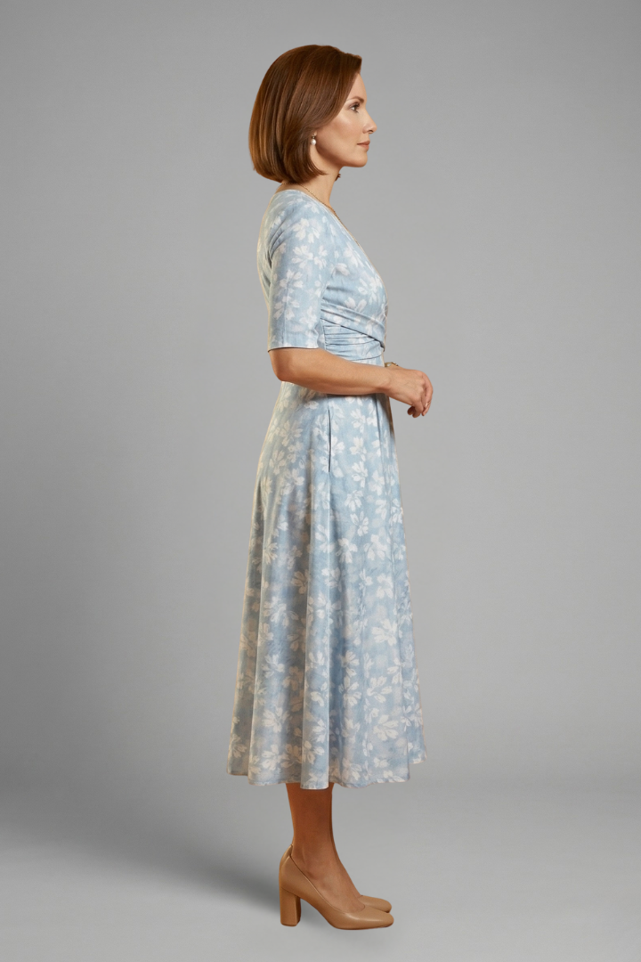 Comfortable women's V-neck midi dress with short sleeves & pockets, great as a casual everyday or summer dress.