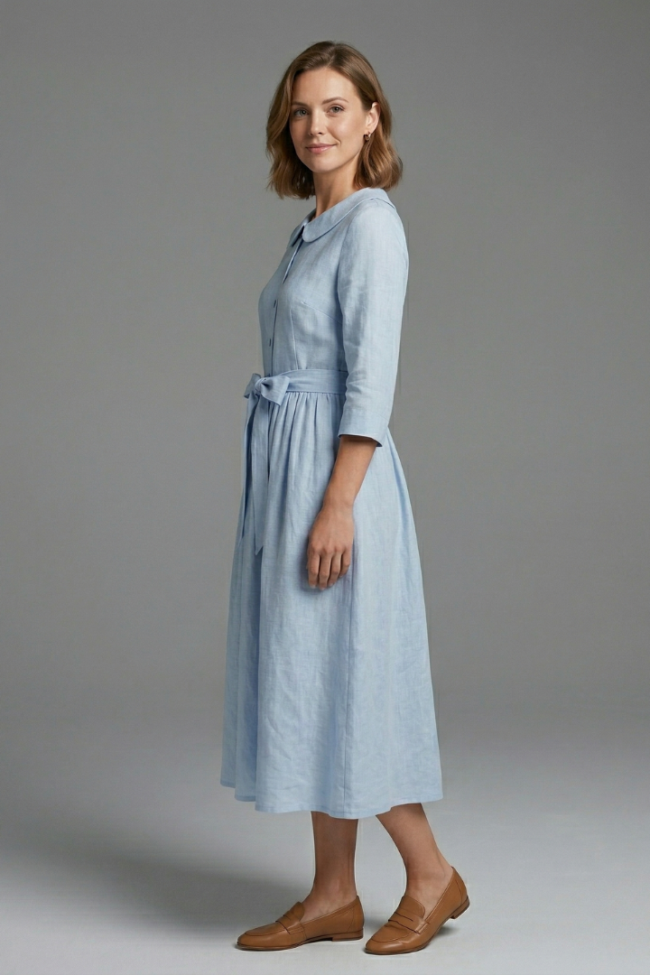 Casual summer V-neck midi dress with waist tie, ideal for warm weather comfort and style.