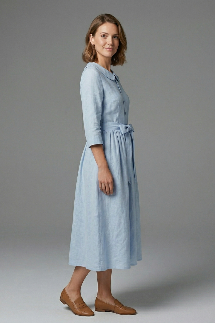 Professional women's V-neck midi dress with waist tie, suitable for workwear & office fashion.