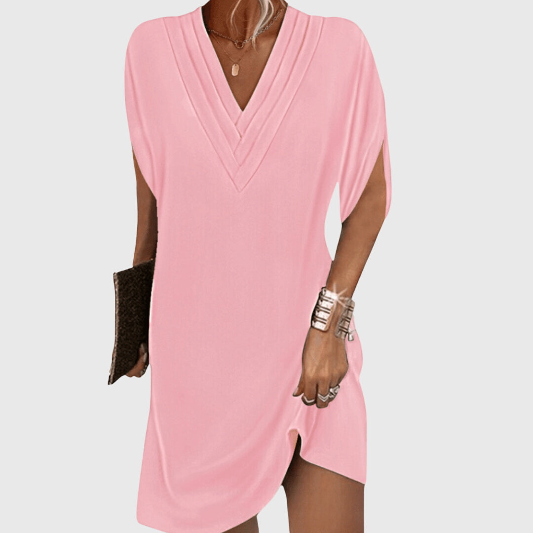 Relaxed fit V-neck cocoon mini dress for women, short sleeve, perfect casual summer outfit.