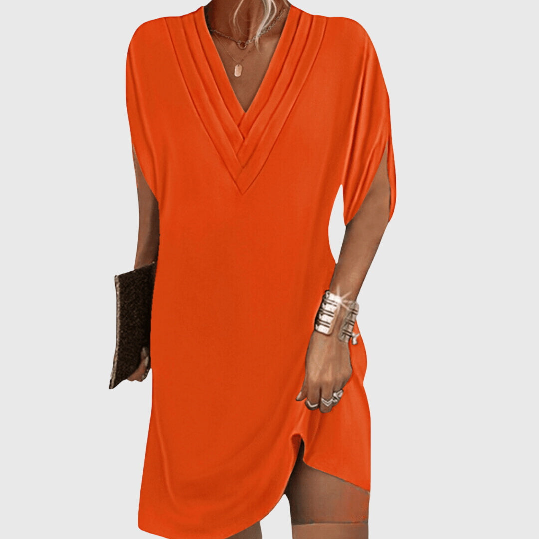 Women's comfy relaxed fit V-neck mini dress with short sleeves, perfect casual summer cocoon dress.