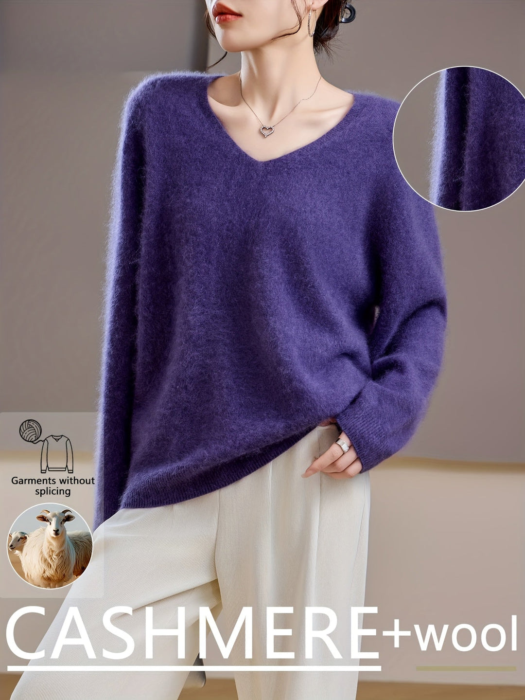 Relaxed fit women's V-neck sweater, long sleeve, elegant & versatile for autumn layering. Warm knit.