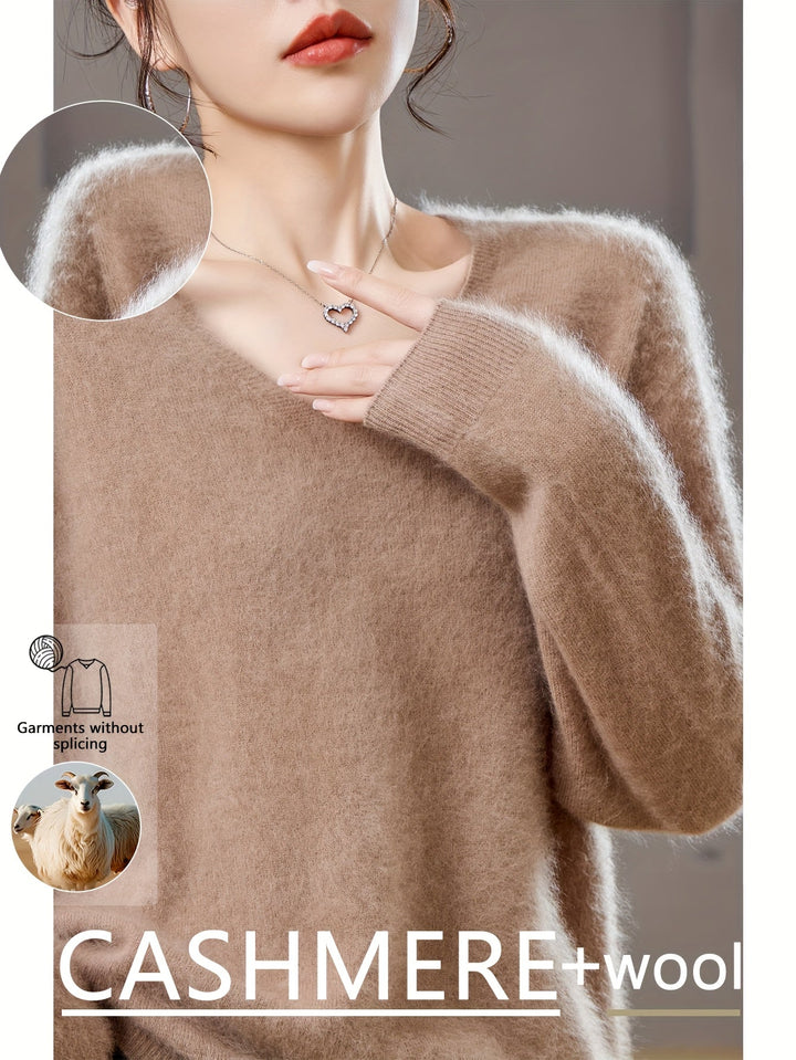 Cozy & comfortable V-neck women's sweater, warm knit for autumn layering or chic winter apparel.