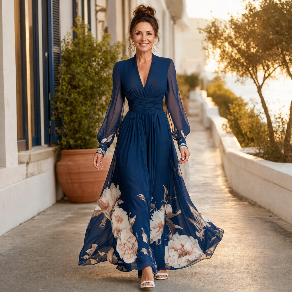 Elegant women's V-neck pleated maxi dress, featuring sheer long sleeves & a flowy design, perfect for events.