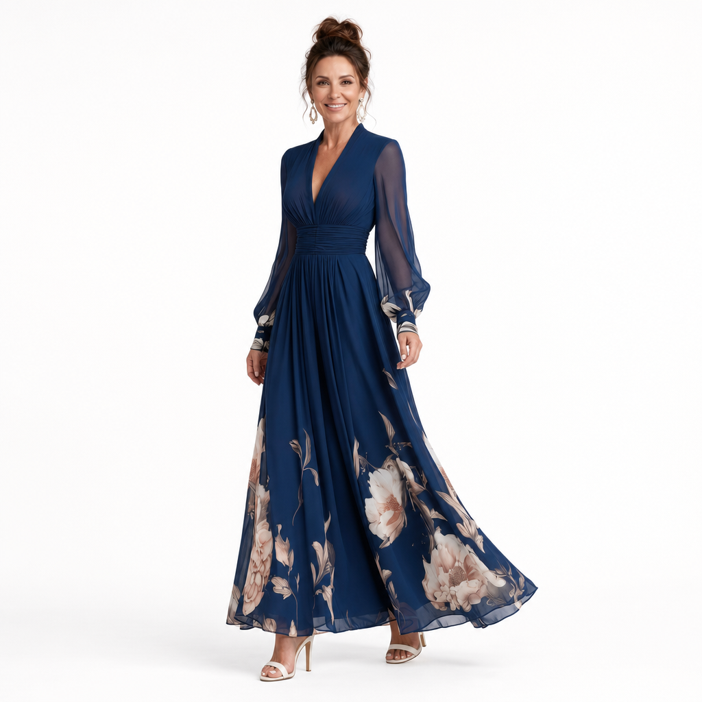 Stylish women's maxi dress: V-neck, pleated skirt, and elegant sheer long sleeves. Versatile for formal or casual.