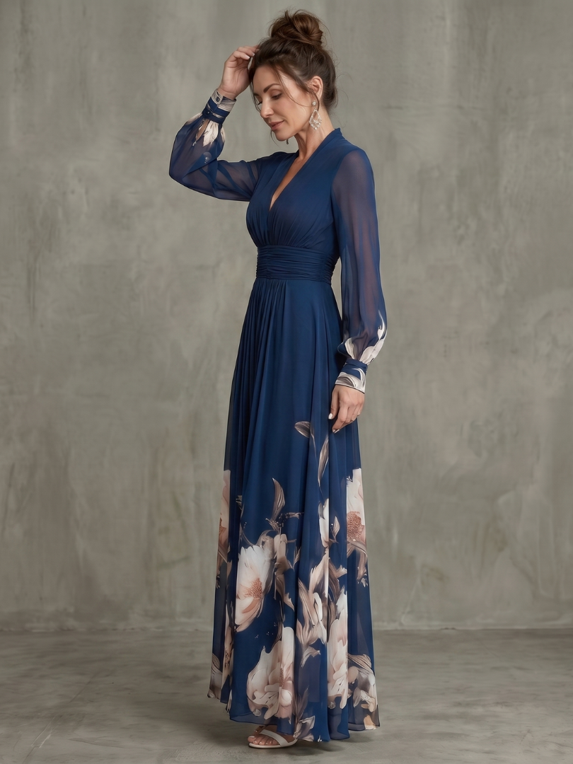 Beautiful navy V-neck pleated maxi dress for women, with elegant sheer long sleeves and a graceful flow.