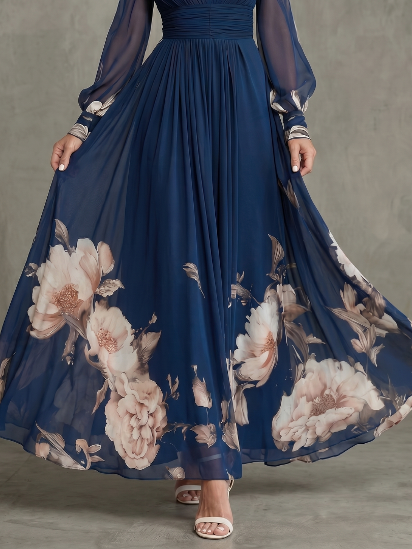 Women's elegant V-neck pleated maxi dress, sheer long sleeves, perfect for evening, parties, or summer events.