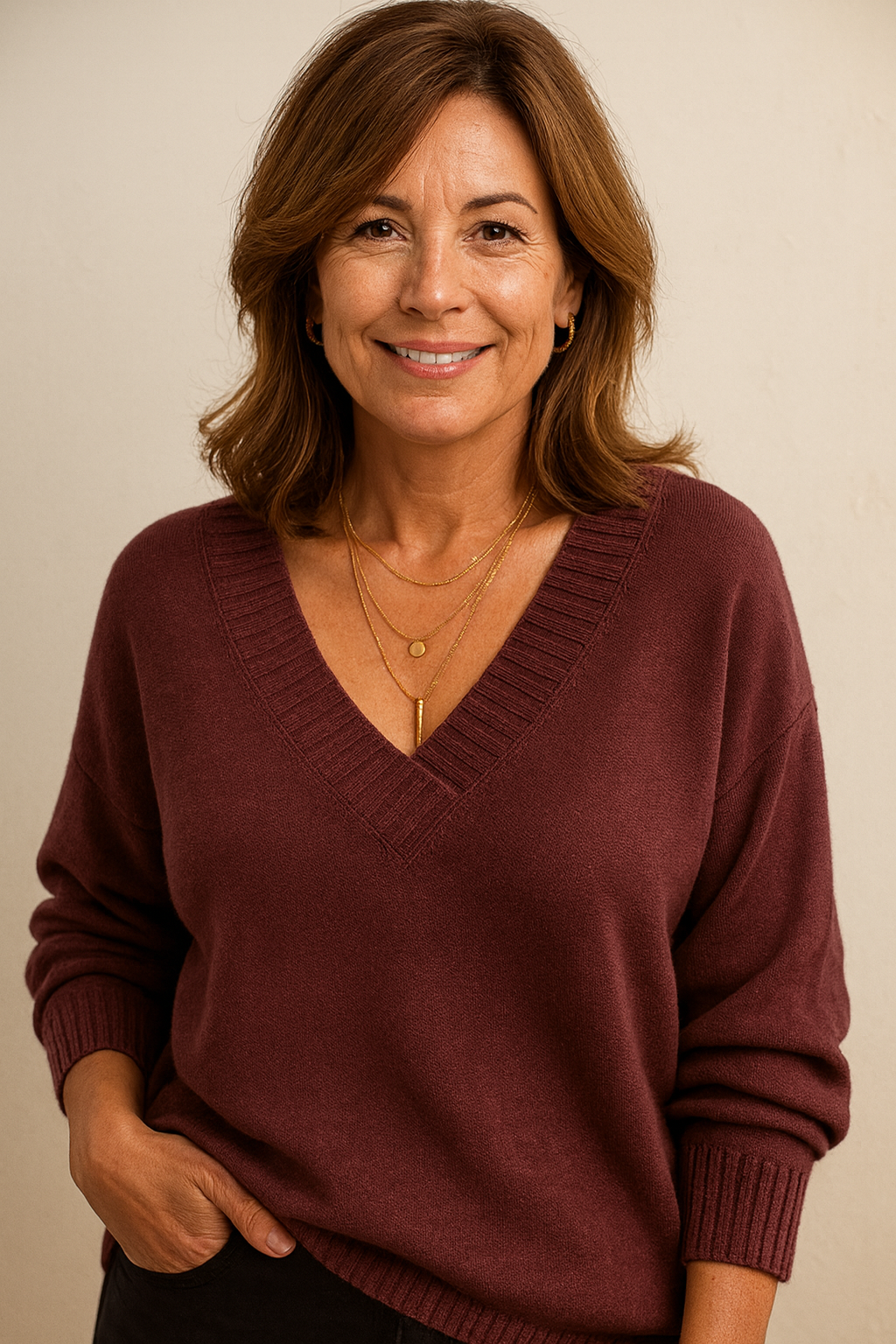 Woman wearing a relaxed fit V-neck ribbed long sleeve sweater, perfect for comfortable casual wear.