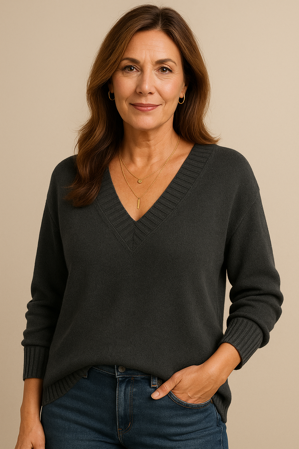 Chic women's V-neck ribbed long sleeve sweater, relaxed fit, a stylish pullover for everyday fashion.