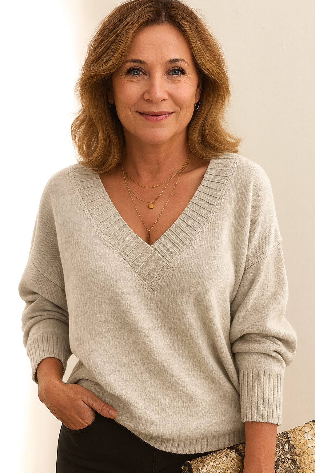 Versatile women's V-neck ribbed long sleeve sweater, relaxed fit, suitable for casual & everyday fall outfits.