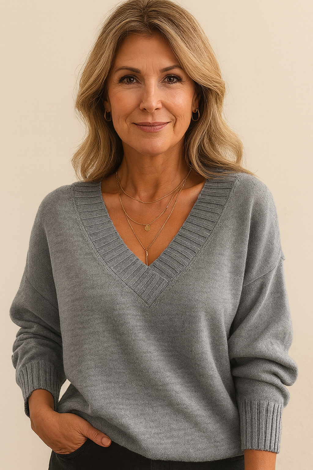 Long sleeve detail of a women's V-neck ribbed sweater, relaxed fit, ideal for cozy fall & winter style.