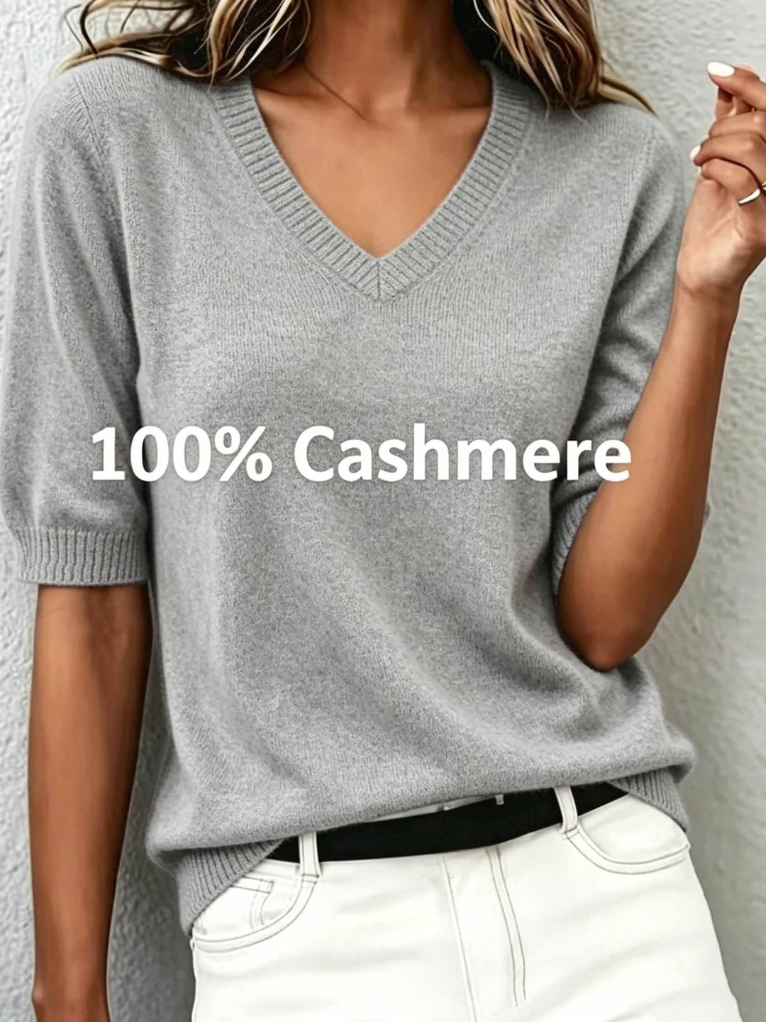 Women's comfortable V-neck short-sleeve sweater. Ribbed collar elegant knit top for versatile fashion.