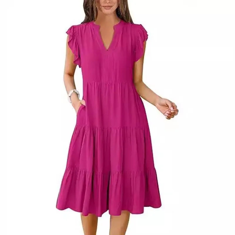 Relaxed fit women's V-neck tiered midi dress with comfortable flutter sleeves, ideal for everyday style.