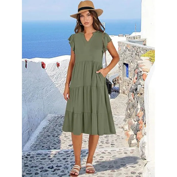 Versatile women's V-neck tiered midi dress with flutter sleeves, great for casual outings or semi-formal events.