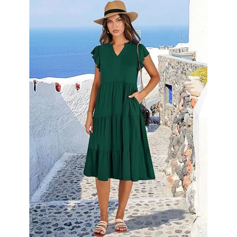 Lightweight women's V-neck tiered midi dress with graceful flutter sleeves, a must-have for summer fashion.