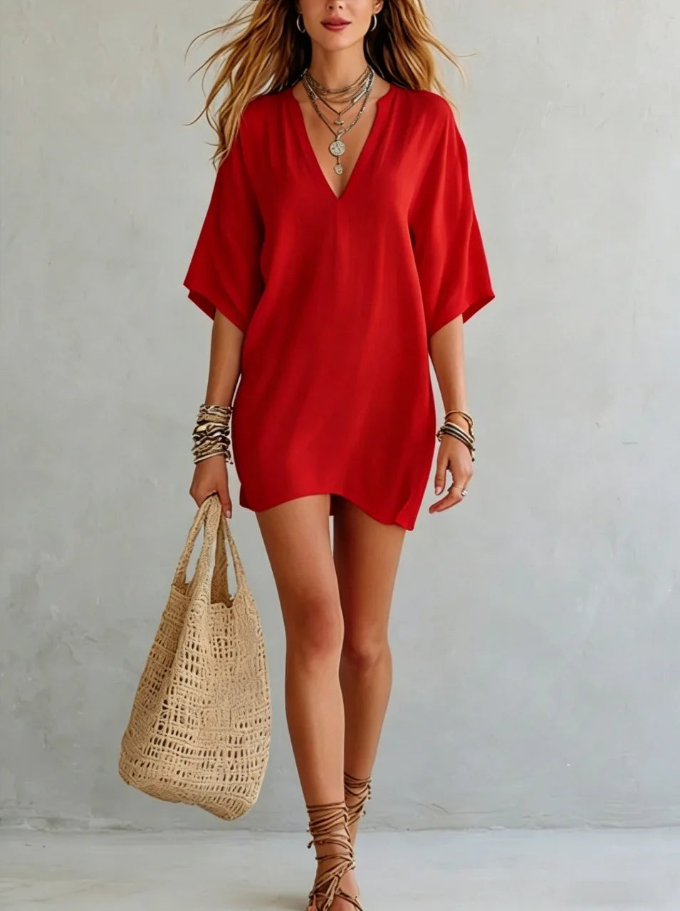 Trendy V-neck tunic mini dress for women. Oversized, relaxed fit; a must-have for summer fashion & vacations.