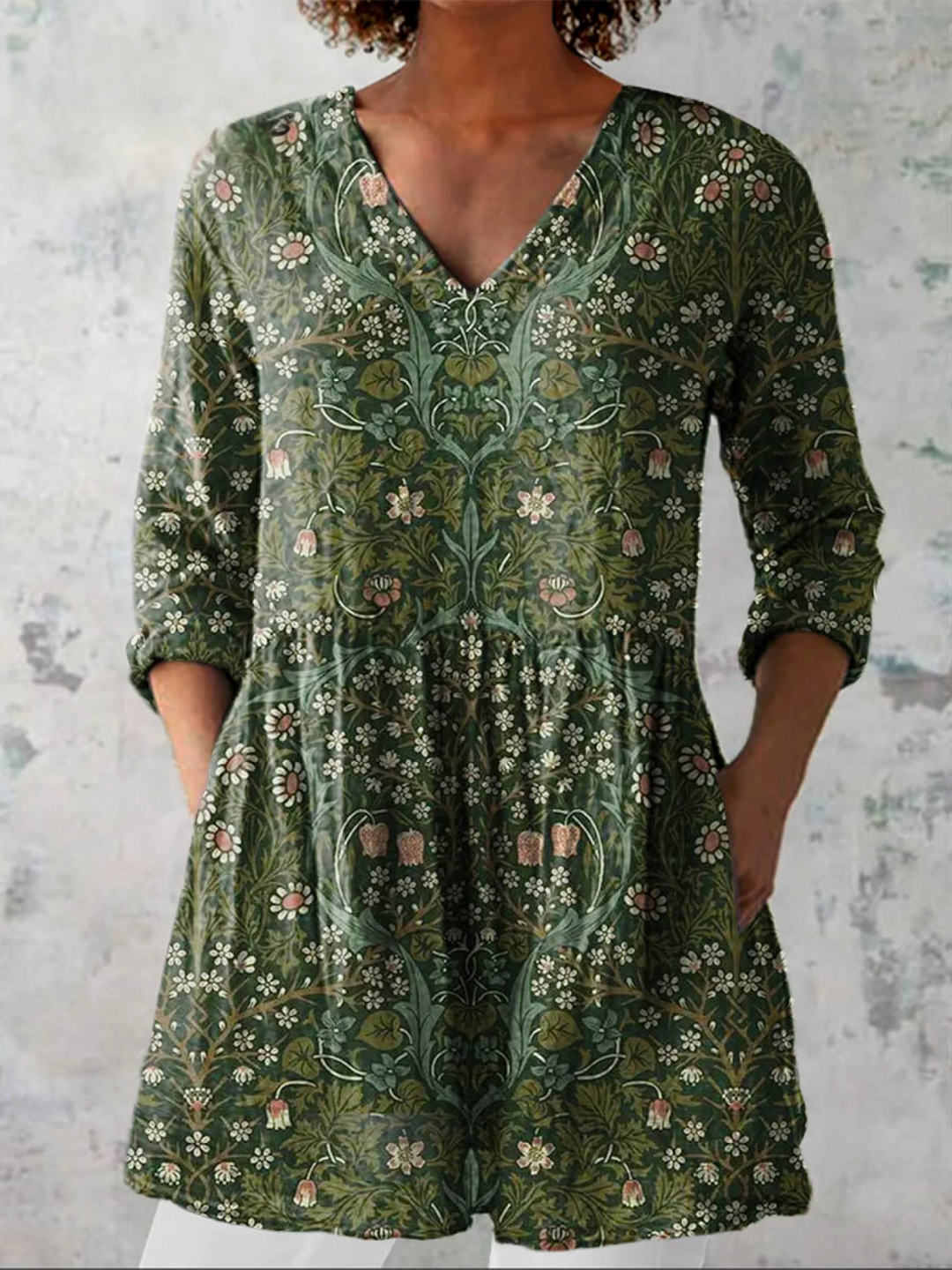 Women's V-Neck Tunic Shirt, relaxed fit, three-quarter sleeve, ideal for daily comfort & casual summer style.