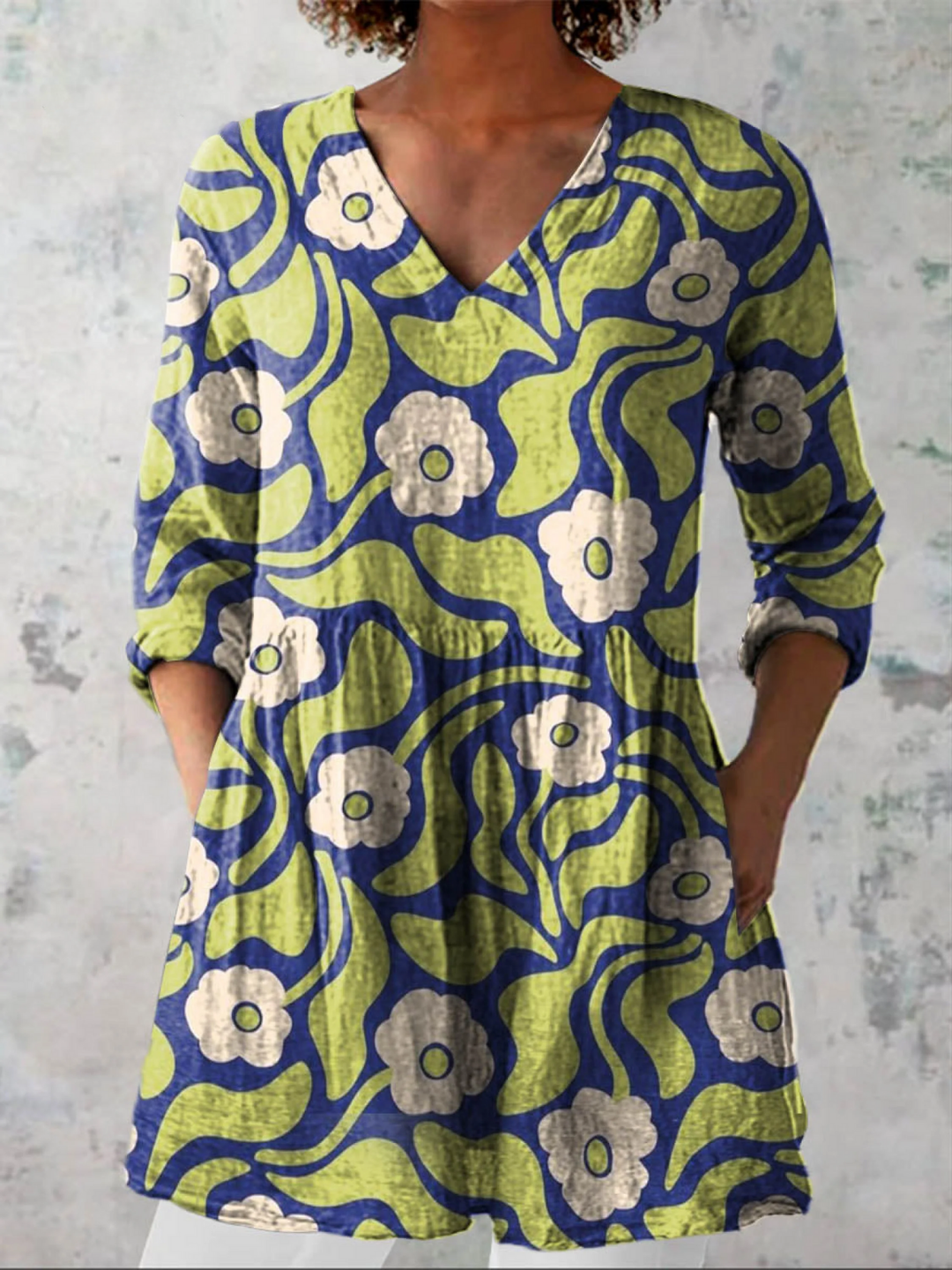 Women's V-Neck Tunic Shirt with Pockets. Loose fit beach holiday top, perfect casual summer resort wear.