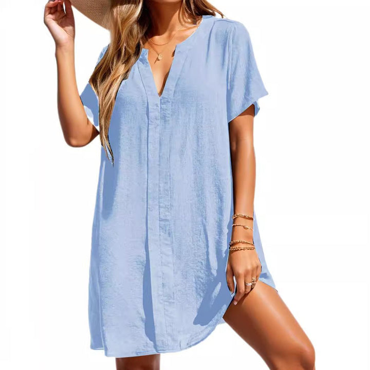 Casual women's short sleeve V-neck sundress, ideal for beach cover-up, resort wear, or everyday summer style.