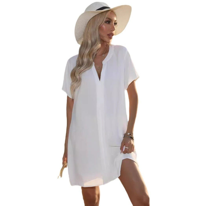 Versatile women's V-neck tunic sundress, short sleeve. Perfect as a beach cover-up, casual, or everyday dress.