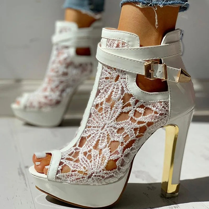 Close-up view of women's Valencia Platform Heel, showcasing the elegant ankle strap and high heel design.