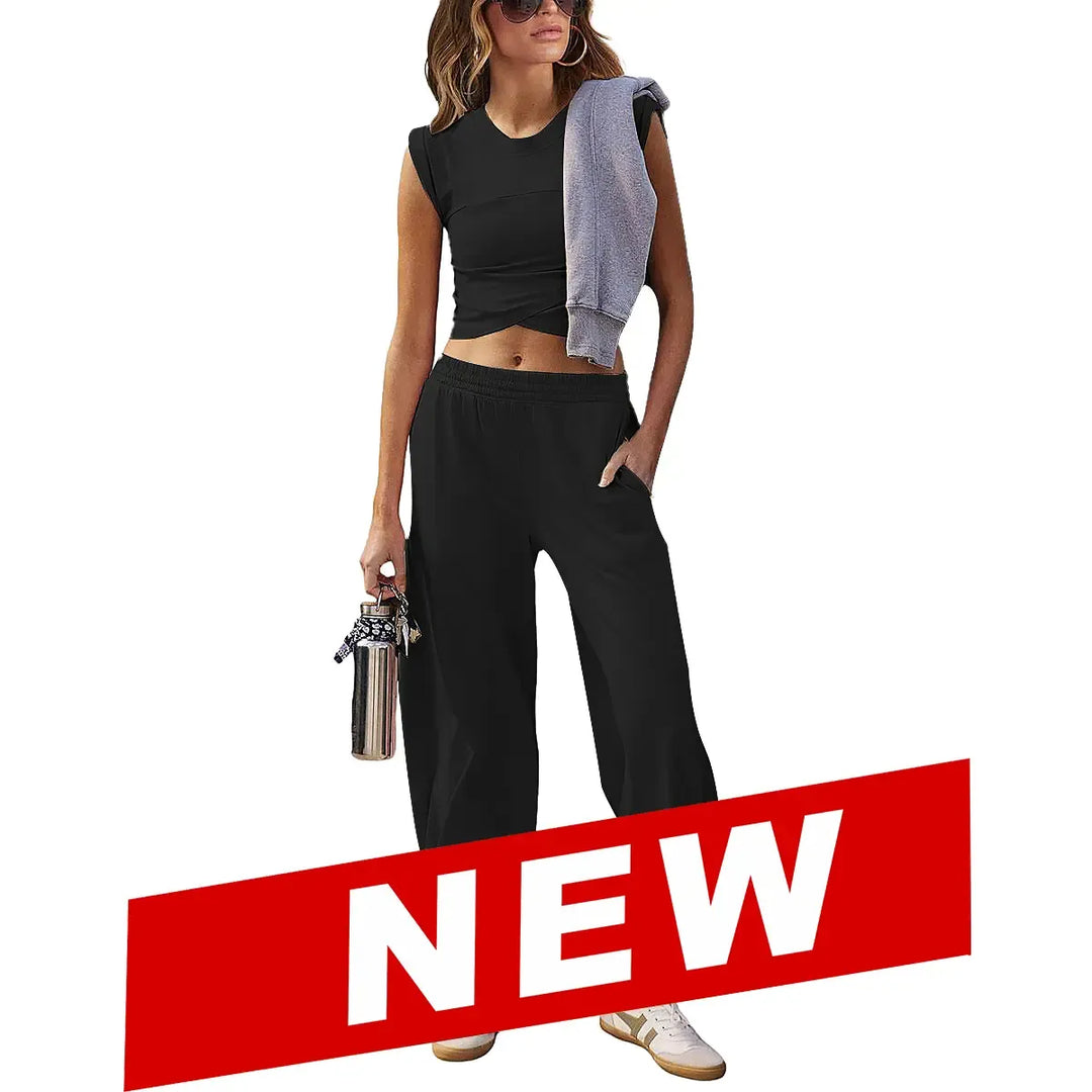 Casual women's Valencia athleisure lounge set. Relaxed fit modal blend joggers & cropped top, perfect for comfort.