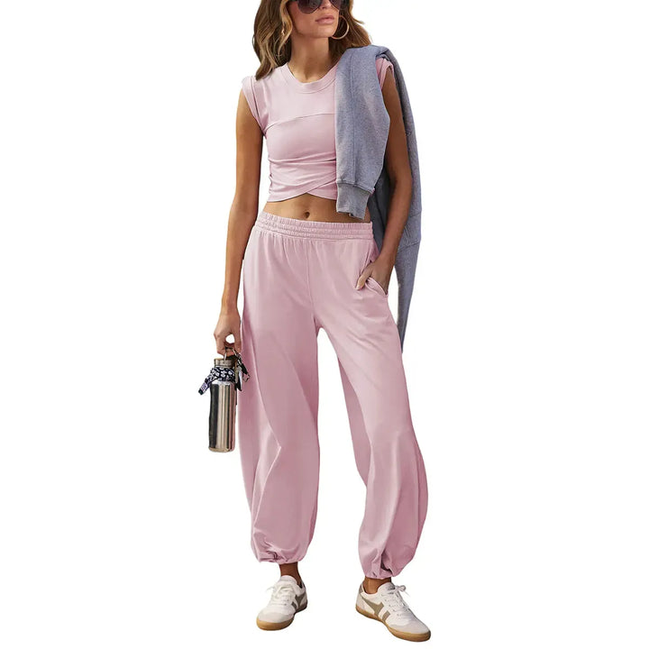 Relaxed fit women's Valencia modal blend lounge set. Soft joggers & cropped top, ideal for sleepwear or casual athleisure.