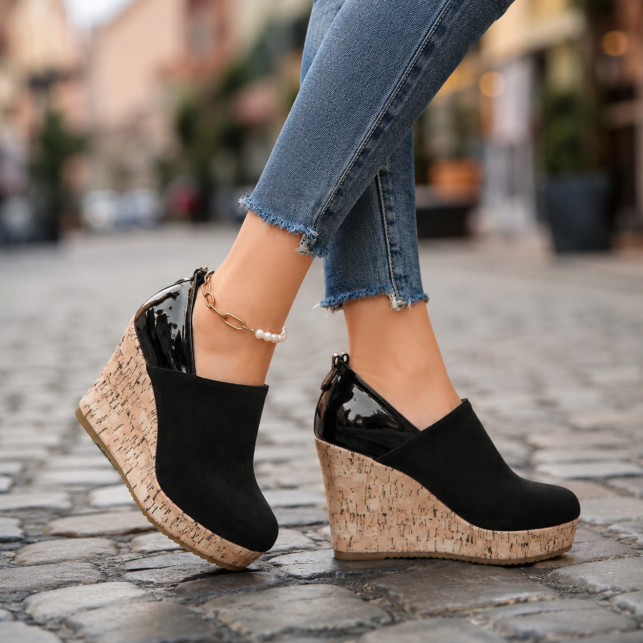 Navy blue Valenza wedge loafers for women, comfortable slip-on orthopedic shoes for walking.