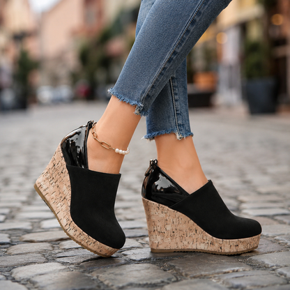 Navy blue Valenza wedge loafers for women, comfortable slip-on orthopedic shoes for walking.