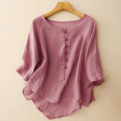 Women's Valeria flowy pink button-front blouse with pleated details, elegant casual chic for spring and summer.