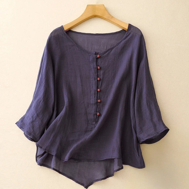 Navy blue Valeria flowy button-front blouse for women, relaxed fit long sleeve top, ideal for summer fashion.