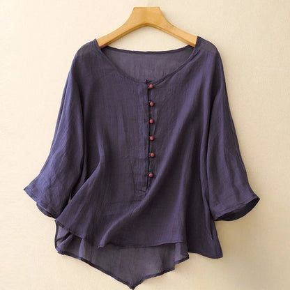 Navy blue Valeria flowy button-front blouse for women, relaxed fit long sleeve top, ideal for summer fashion.