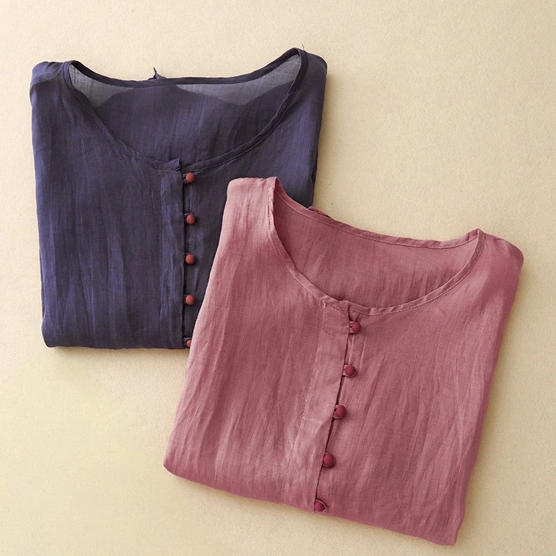 Pink Valeria flowy long sleeve blouse for women, relaxed fit button-front top, great for elegant spring style.